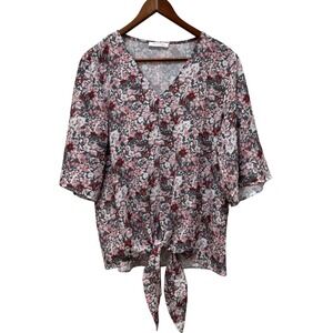 Womens Pink Grey Floral Tie Front V-Neck Kimono Sleeve Blouse Size M